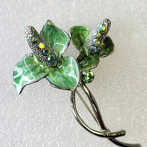 Vintage Rhinestone Floral Brooch Sparkling Green Leaves